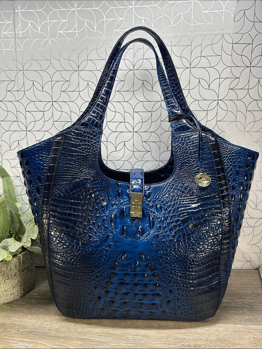 Brahmin Navy Croc-Embossed Shoulder Tote with Gold Hardware